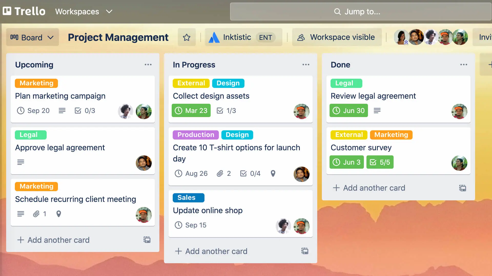 Trello Workspace showing three columns with cards that are Upcoming, In Progress, and Done