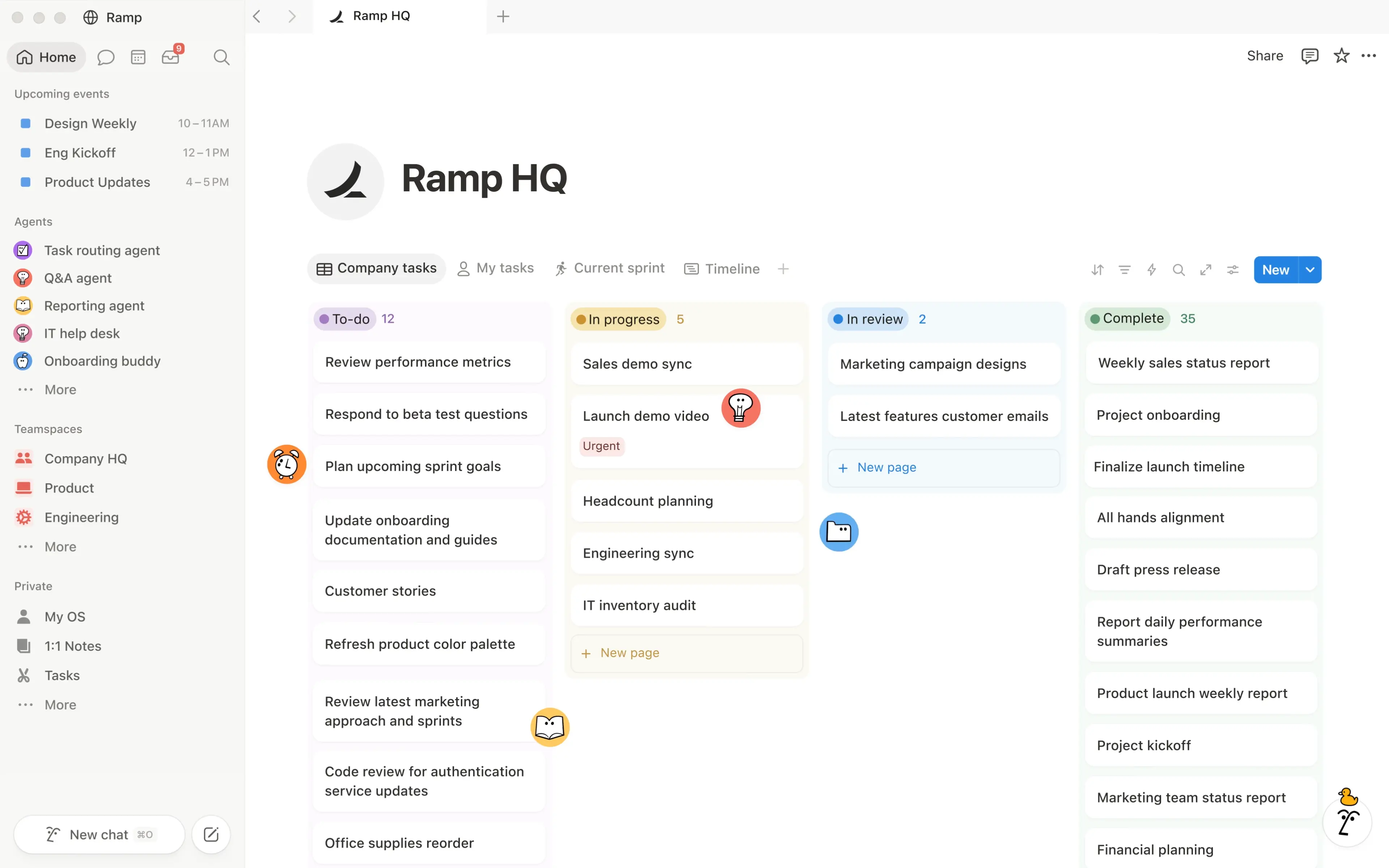 Notion page of Ramp HQ showing tasks in columns that are To-do, In progress, In review, and Complete