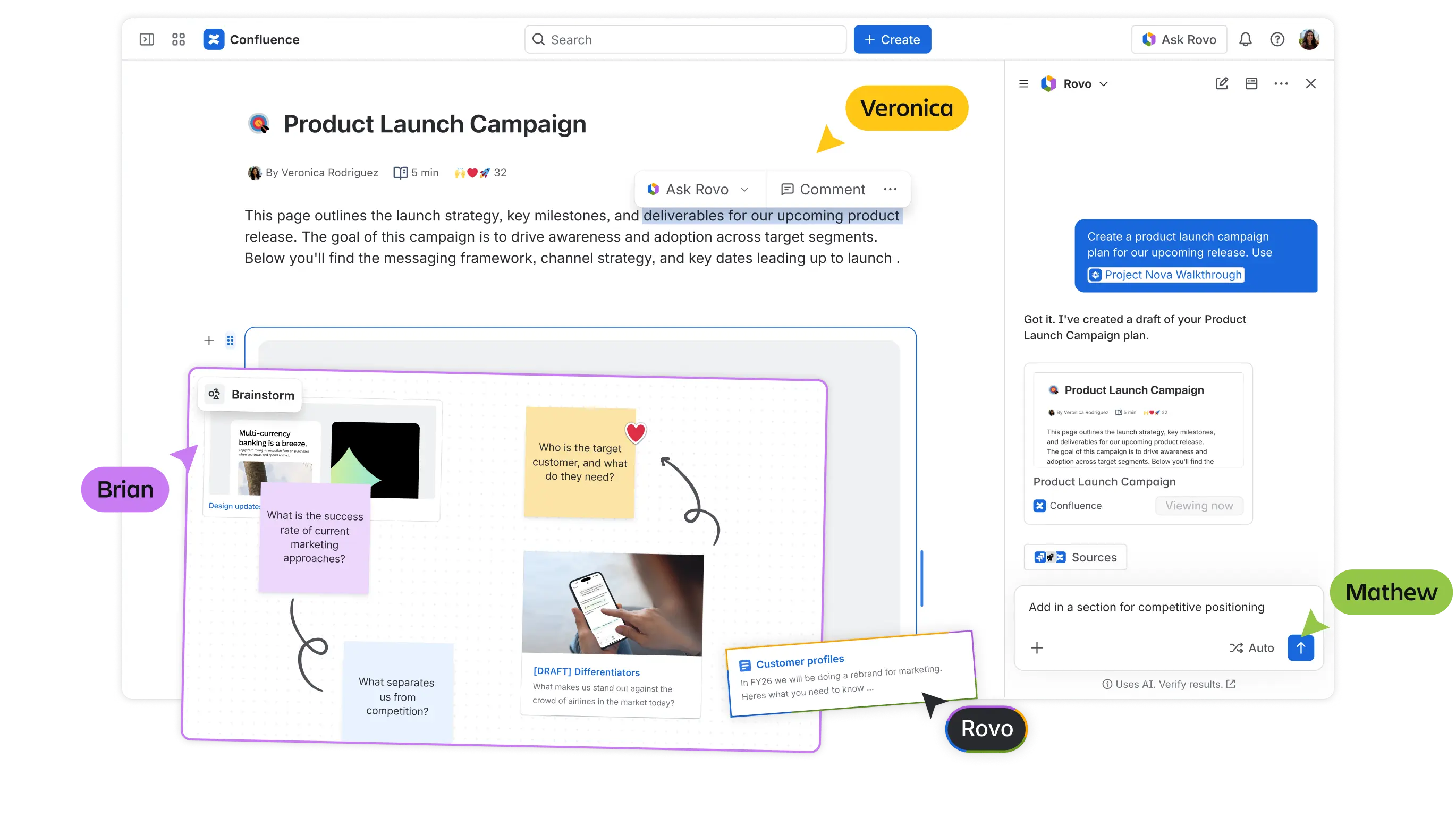Confluence interface showing a Product Launch Campaign, with an open chat with Rovo on the right