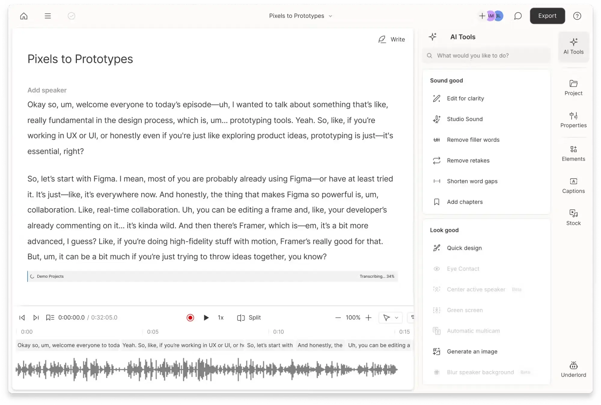 Descript transcript of meeting with AI Tools bar on the right