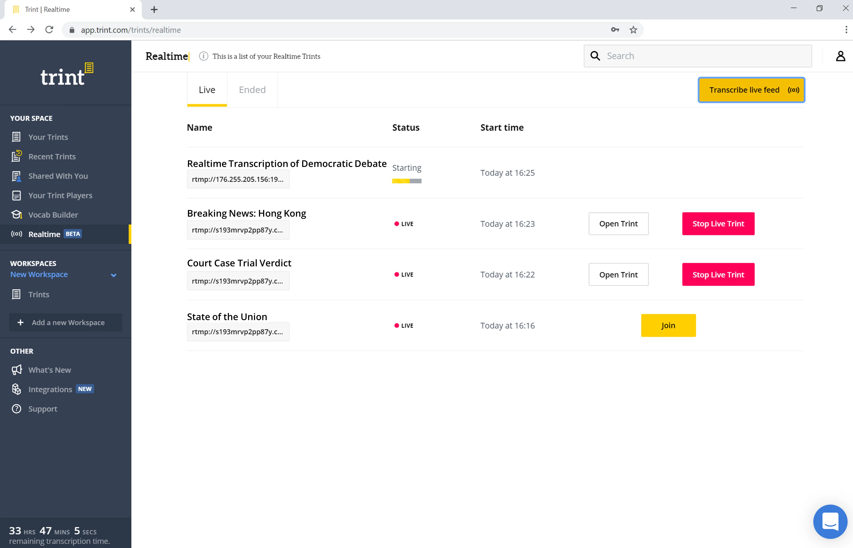 Trint interface showing Live Transcription in the Realtime tab