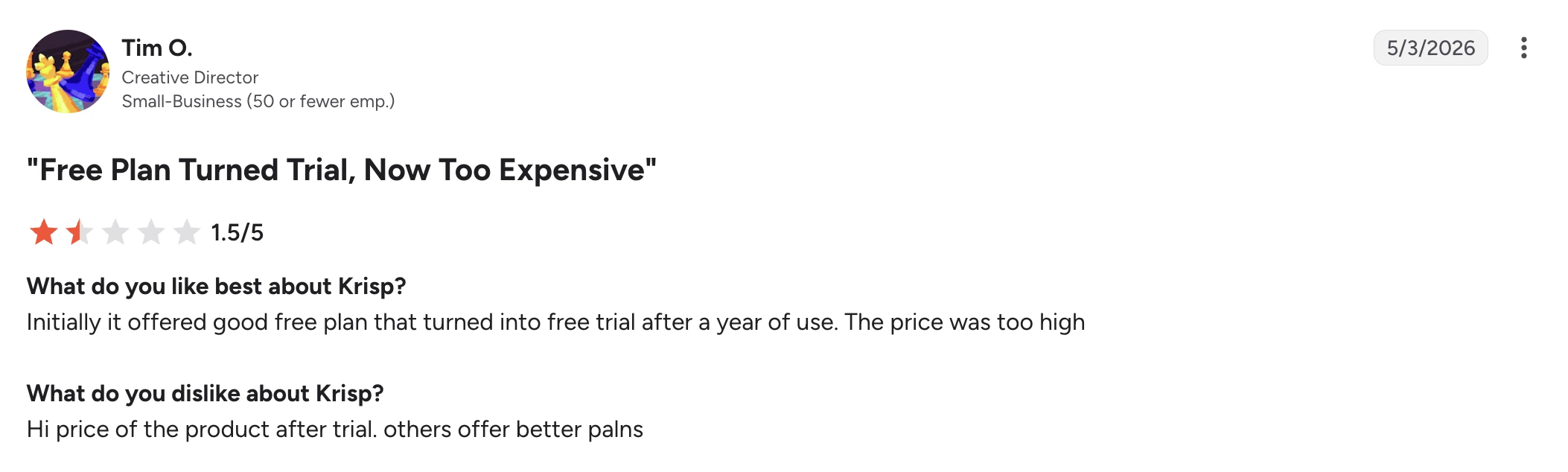 G2 review from Tim O. about pricing
