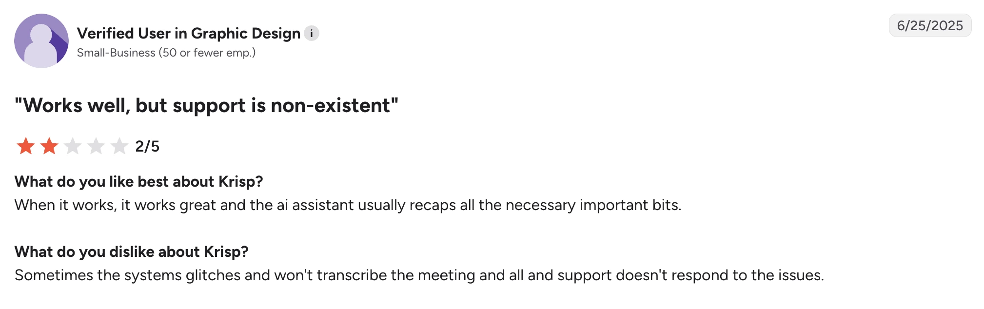 G2 review from Verified User in Graphic design about Krisp's support