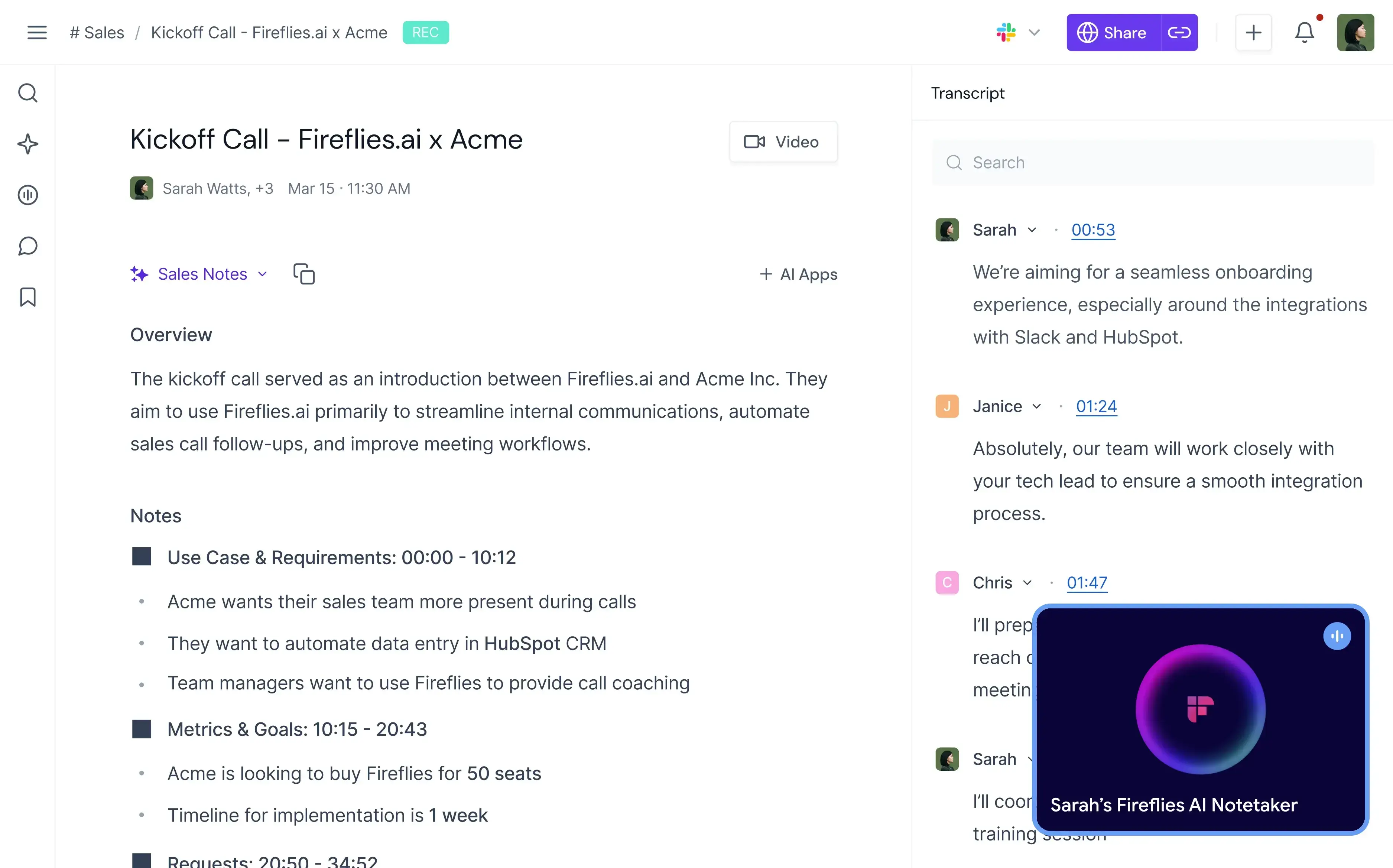 Fireflies AI notetaker with meeting overview, notes, and transcript