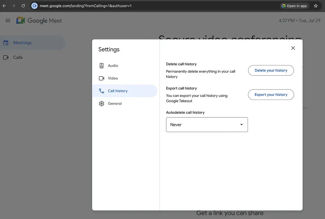 Export Google Meet History from settings