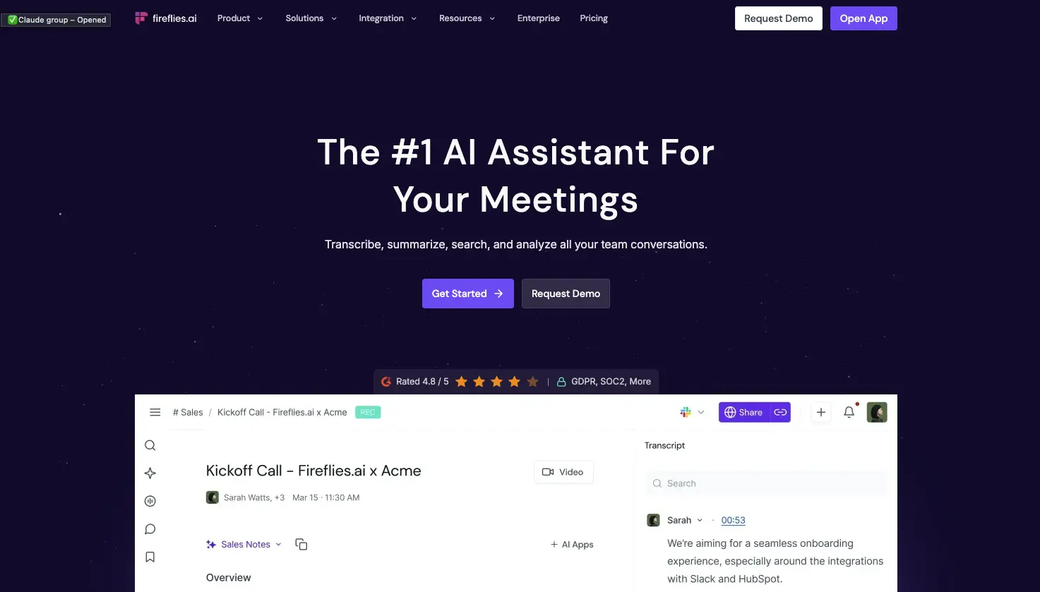 Startseite von Fireflies mit dem KI-Notizassistenten für Meetings