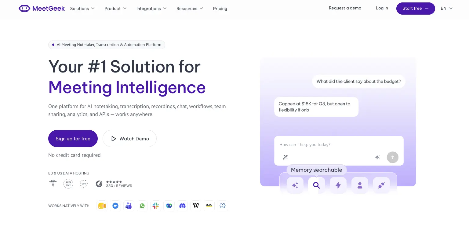 Startseite von MeetGeek mit Meeting Intelligence und KI-Automatisierung