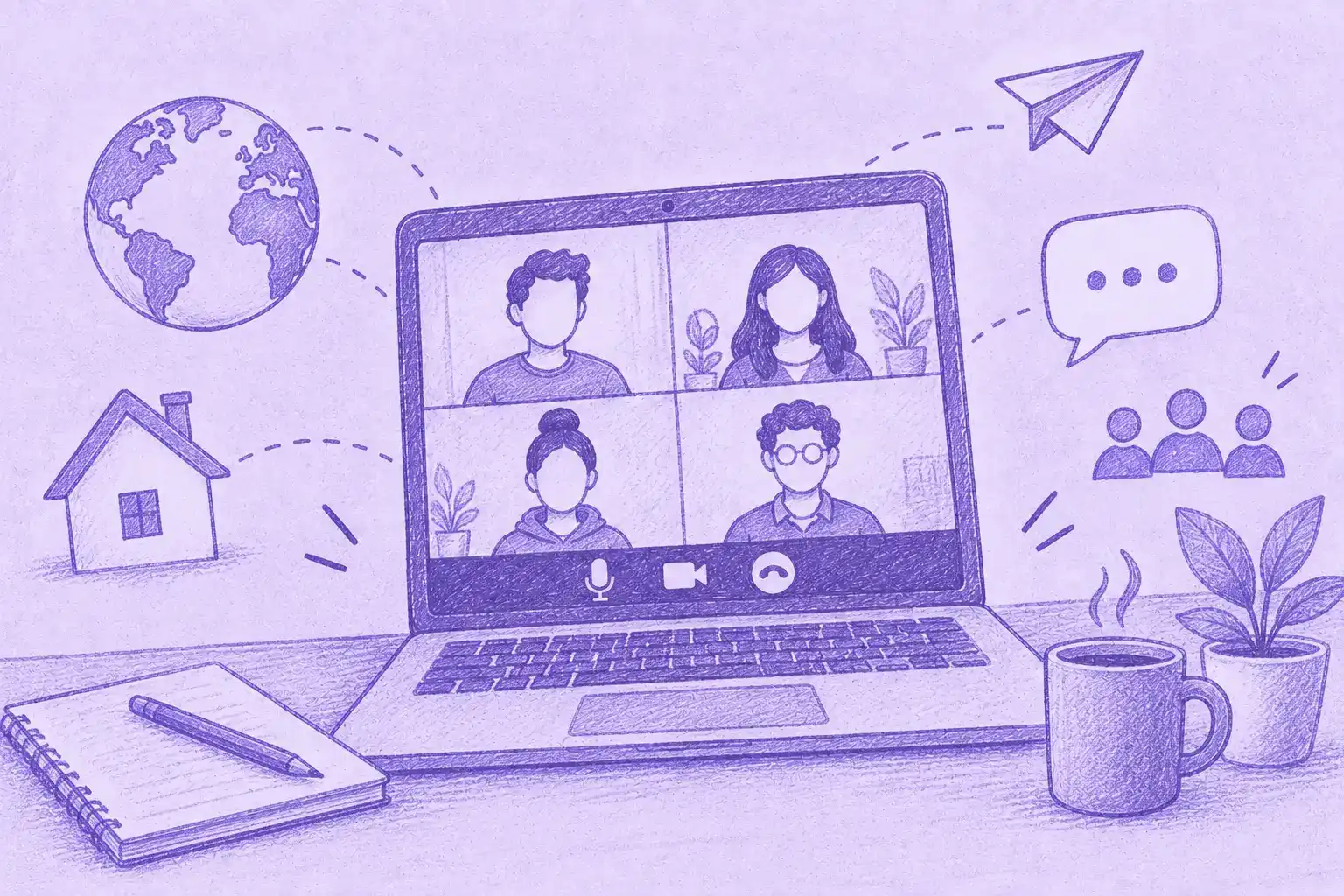Illustration eines Remote-Team-Meetings per Videocall aus dem Homeoffice