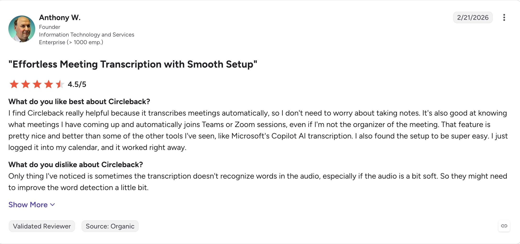 Review of Circleback from Anthony W. on G2