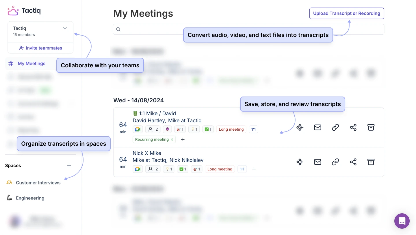 Tactiq features guide in the My Meetings interface