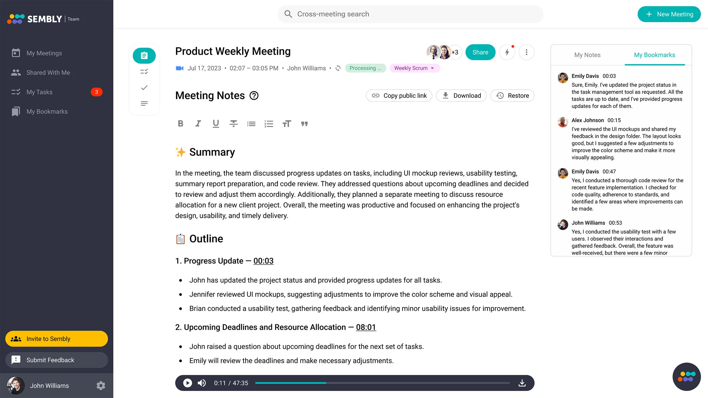 Sembly meeting notes from a product weekly meeting