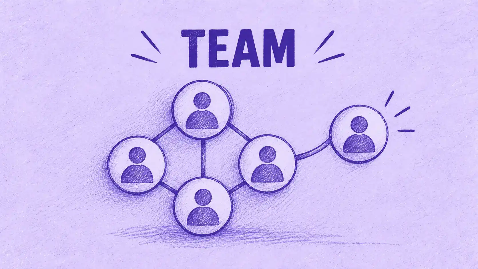 Ilustración de una red de nodos conectados con uno que se une desde fuera, que representa las preguntas sobre trabajo en equipo y colaboración