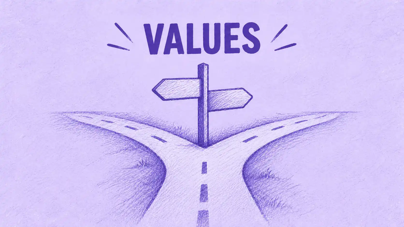 Ilustración de un camino que se bifurca en un punto de decisión marcado, que representa las preguntas sobre valores y formas de trabajar