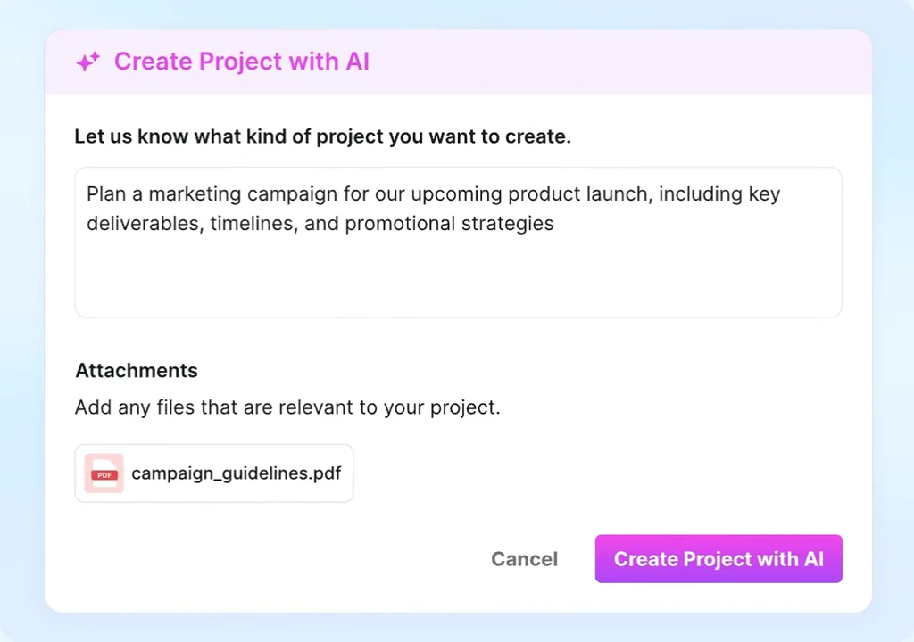 Recurso "Create Project with AI" no Motion