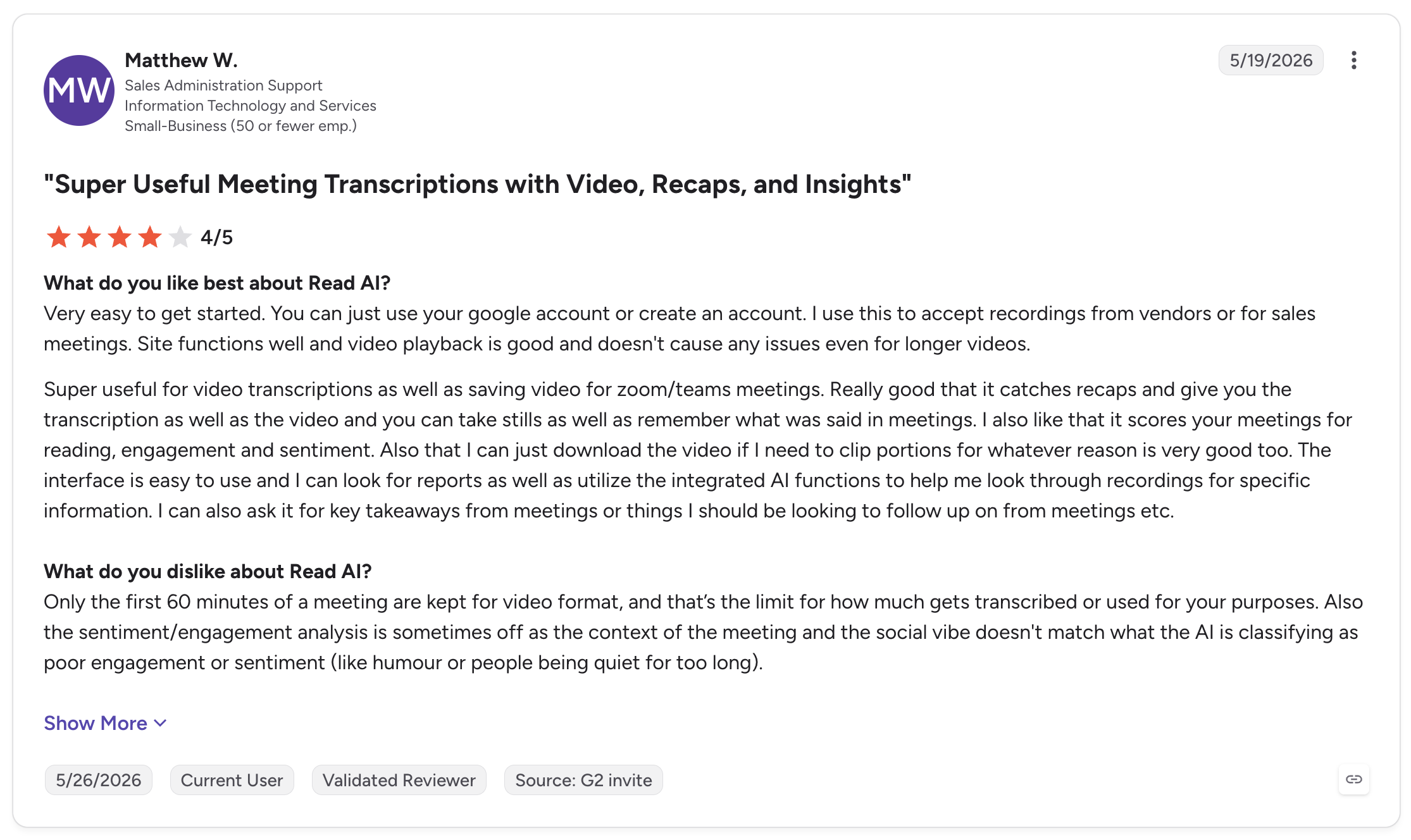 Read AI review on G2 from Matthew W.