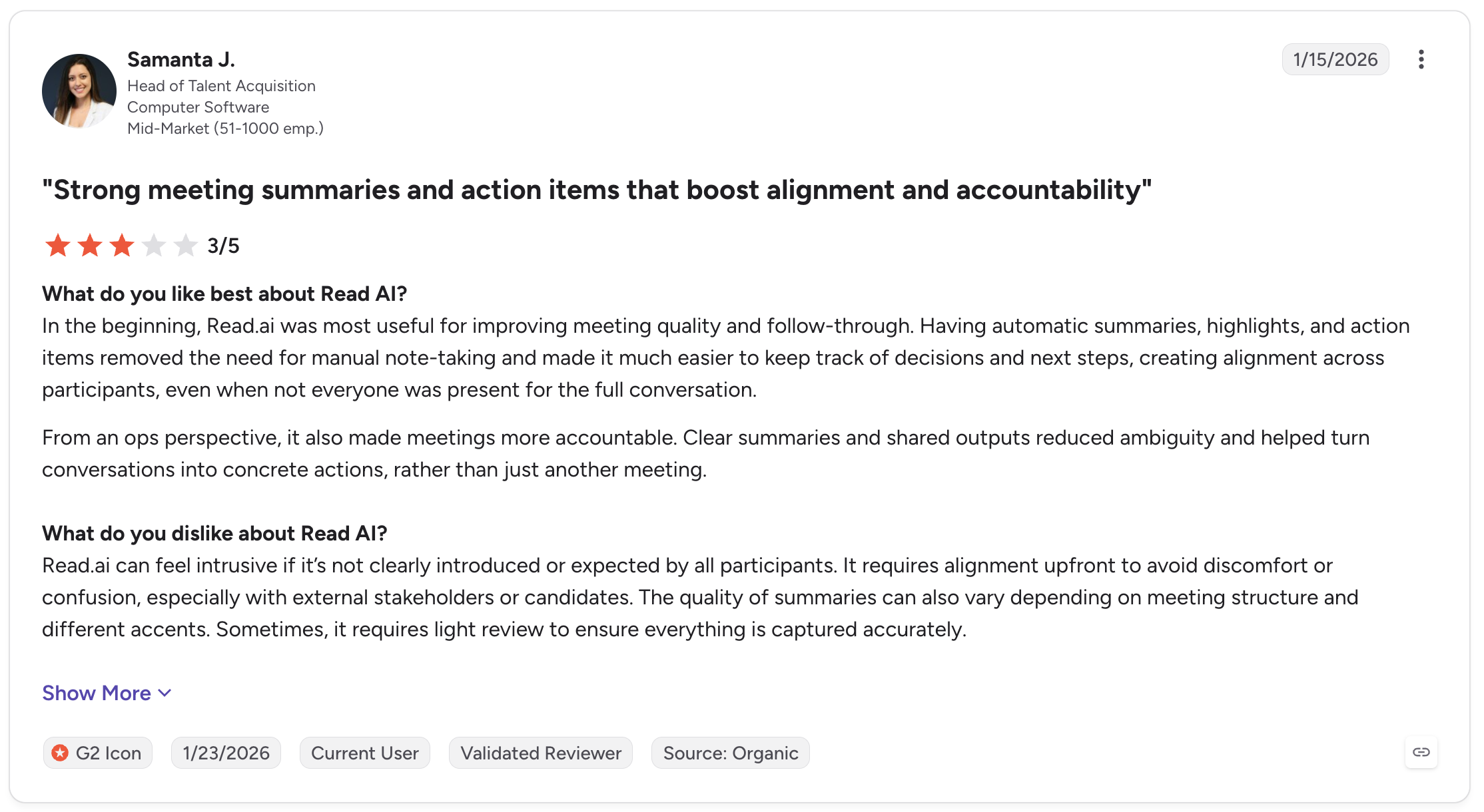 Read AI review on G2 from Samanta J.
