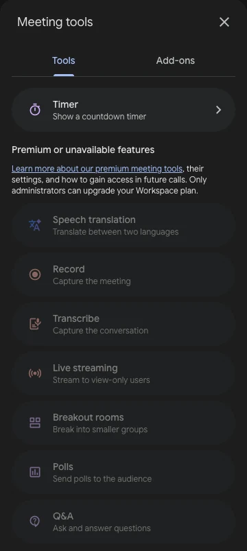 Panel de herramientas de reunión de Google Meet con la opción de grabar desactivada