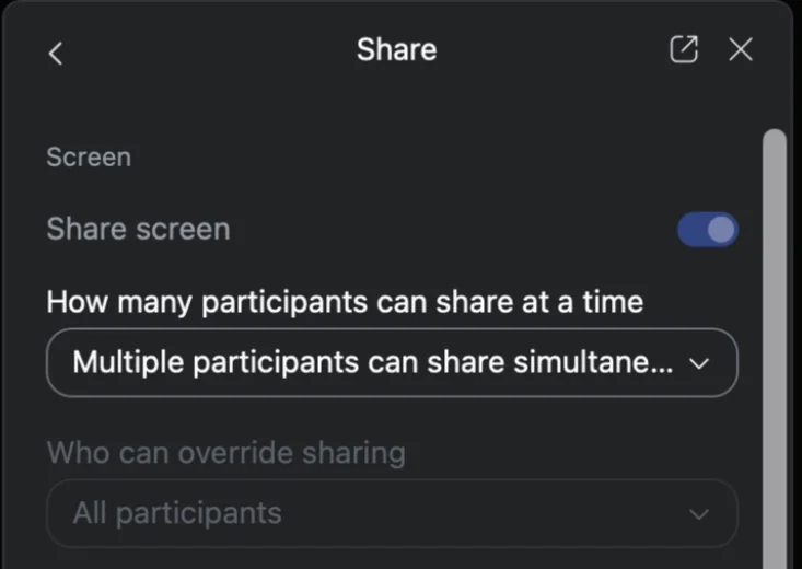 Panel Host tools for share de Zoom con los ajustes para compartir pantalla