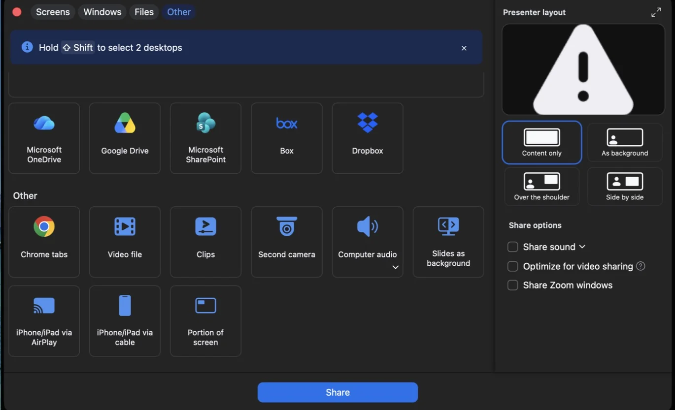 Ventana para compartir de Zoom con la pestaña Other, el panel Presenter layout y las opciones para compartir