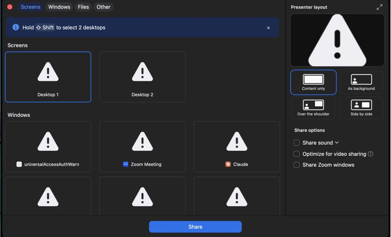 Ventana para compartir de Zoom en una Mac sin el permiso de grabación de pantalla