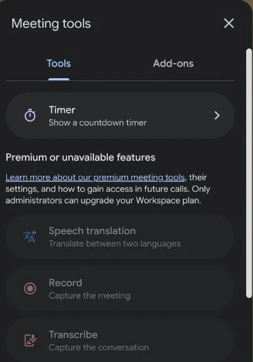 Google Meet Meeting tools panel with Record greyed out under Premium or unavailable features