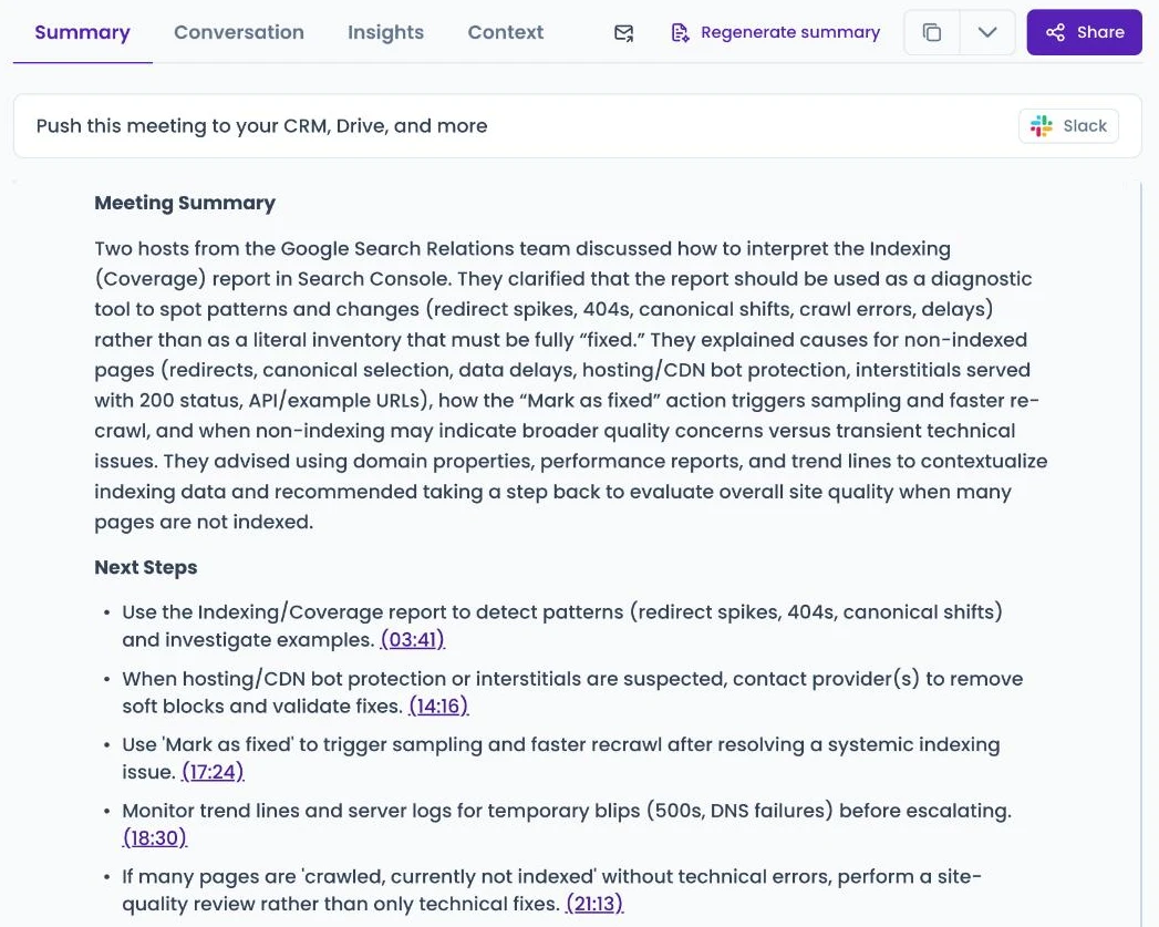 MeetGeek meeting summary with next steps and AI insights