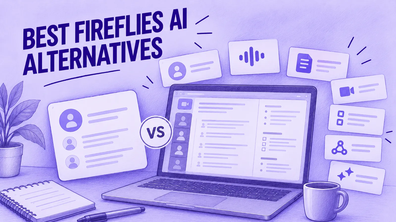 Illustrated laptop with meeting cards and the title Best Fireflies AI Alternatives