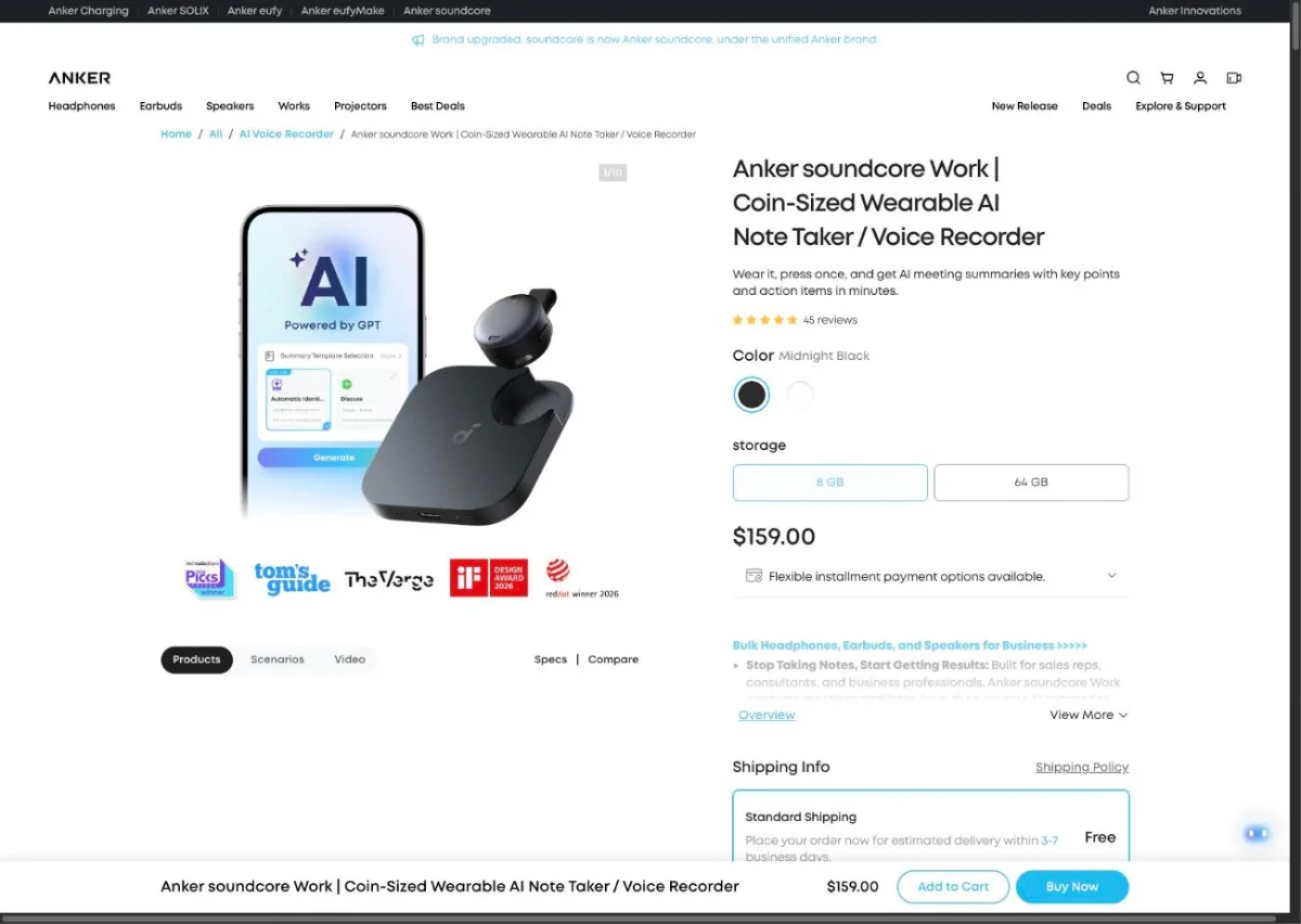 Anker soundcore Work product page showing the coin-sized wearable recorder in its charging case