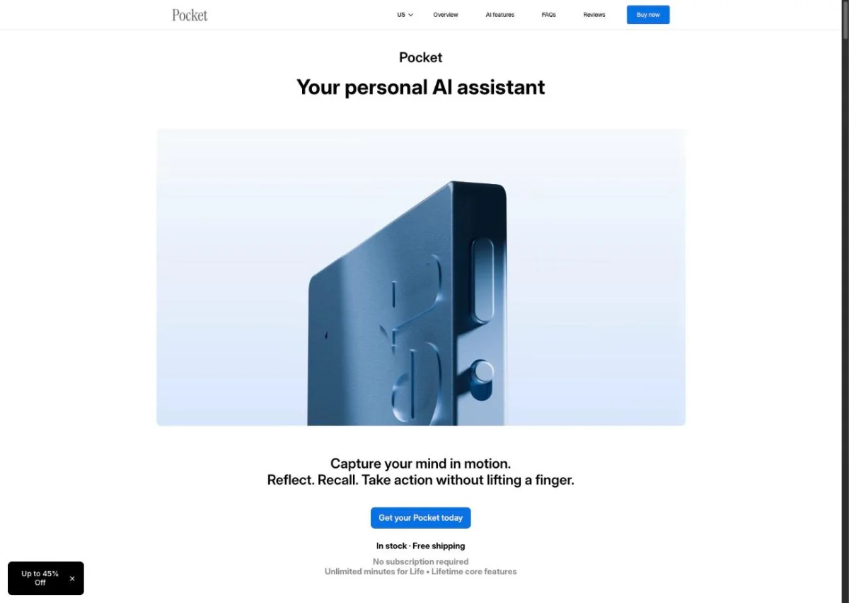 Pocket website homepage showing the Pocket AI voice recorder