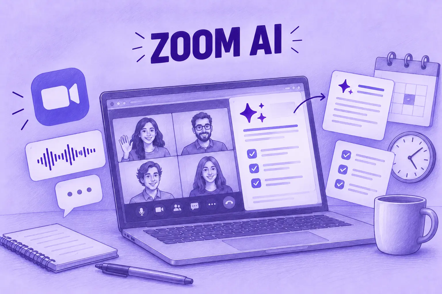 Zoom-Meeting mit Zusammenfassung von Zoom AI und To-dos im Seitenbereich