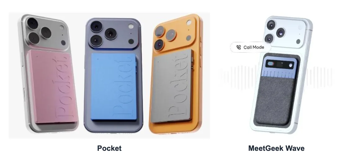 Grabadoras Pocket en rosa, azul y plateado en la parte trasera de tres teléfonos junto a MeetGeek Wave, en su funda magnética y en Modo Llamada, sobre otro teléfono