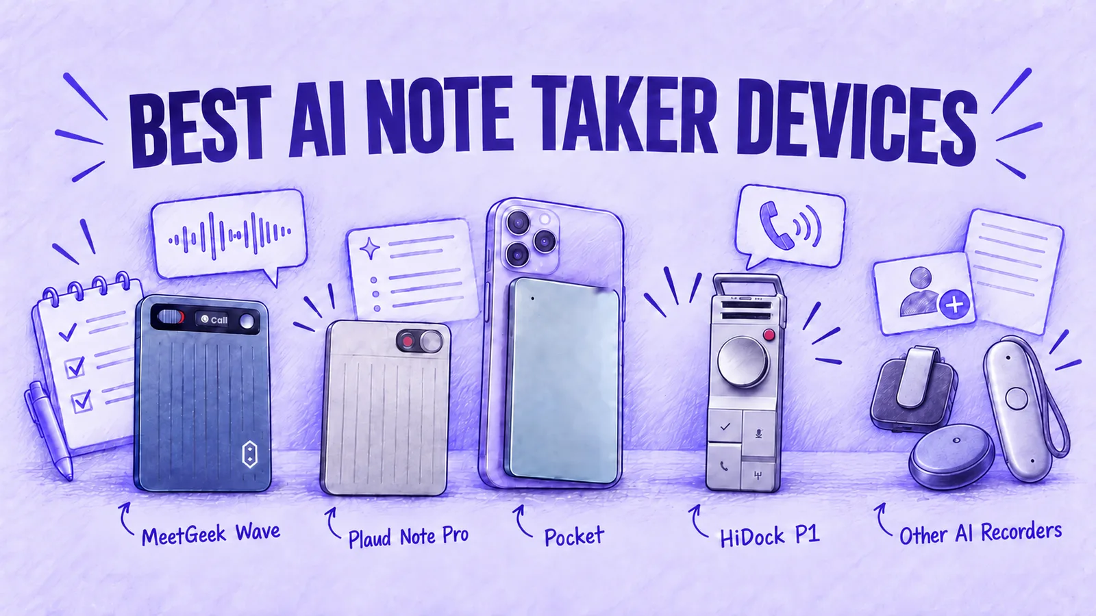Illustration of AI note taker devices labeled MeetGeek Wave, Plaud Note Pro, Pocket, HiDock P1 and other AI recorders under the title Best AI Note Taker Devices