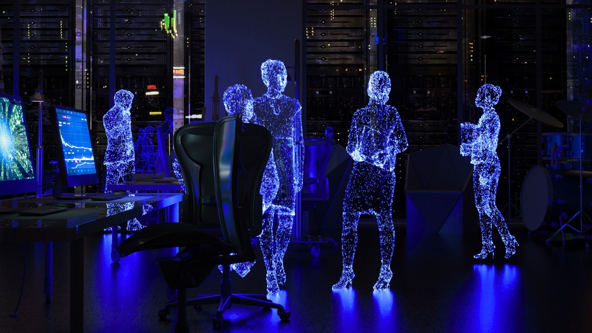 Fotoğrafta insan simülasyonları bir veri merkezinin içerisinde gözüküyor.