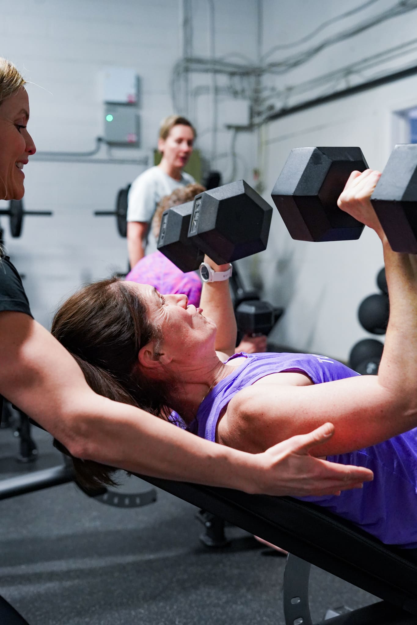 A woman over 40 in a purple shirt lifts two weights. Her face shows her concentration. 