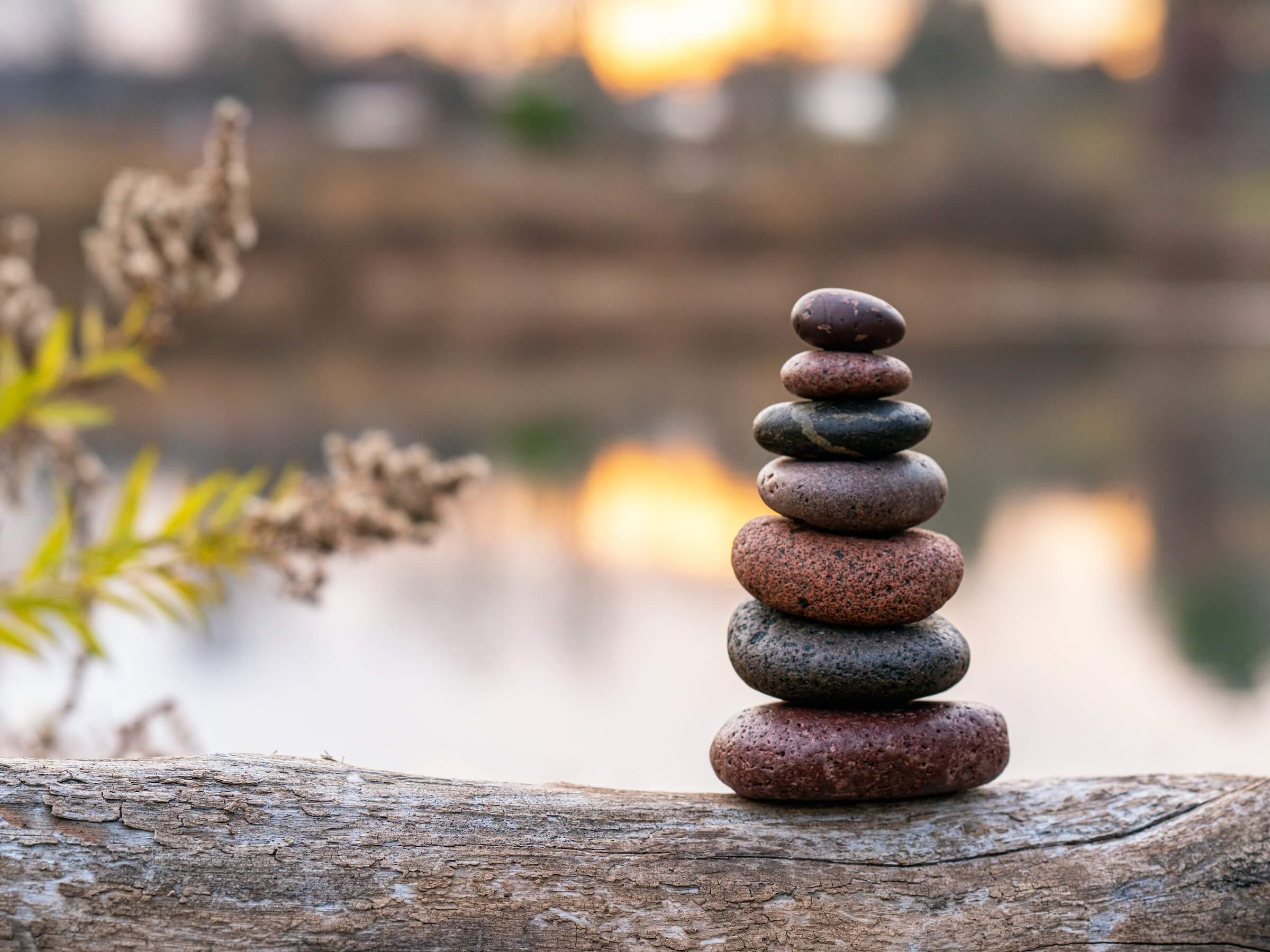 Rocks piled on a log in a calming lakeside environment
