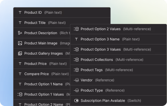 Webflow CMS fields showing synced Shopify product data including images, price, options, tags, and vendor.