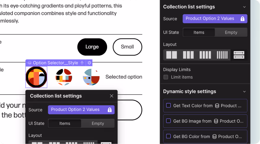 Webflow option selector using product option values with dynamic styling and collection list settings.