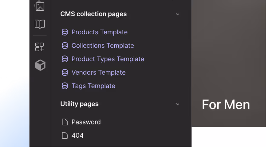 Webflow CMS template pages list showing product, collection, vendor, type, and tag templates.