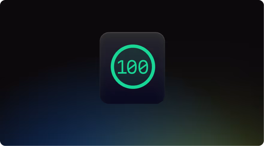 Green score badge icon displaying the number 100 in a circular outline on a dark gradient background.