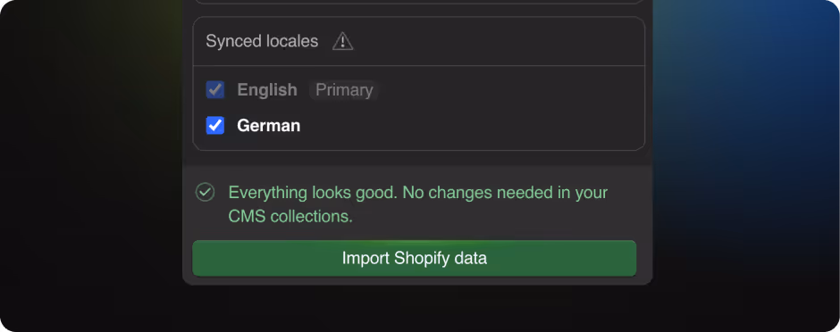 Shopyflow sync panel showing English and German locales enabled with a success message and import button.