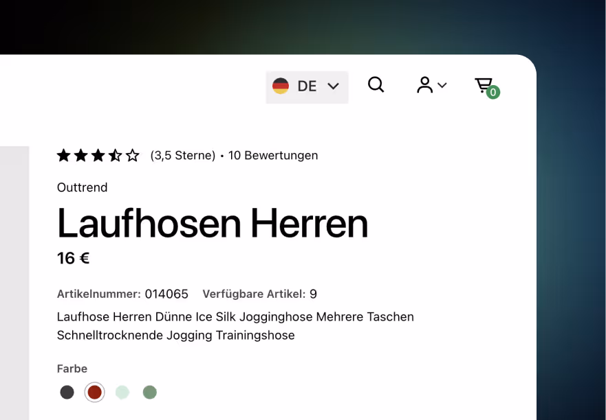 German product page showing translated title, reviews, price, stock info, and color options.