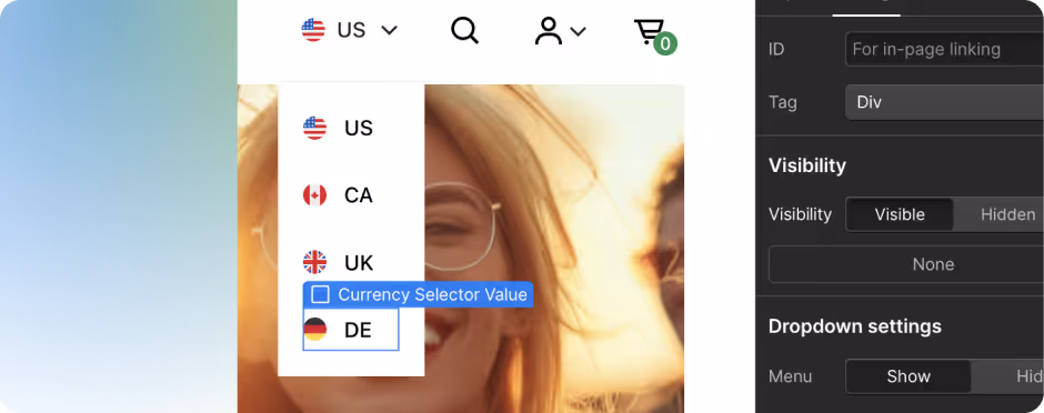 Storefront language dropdown showing country options and Webflow settings for the currency selector.