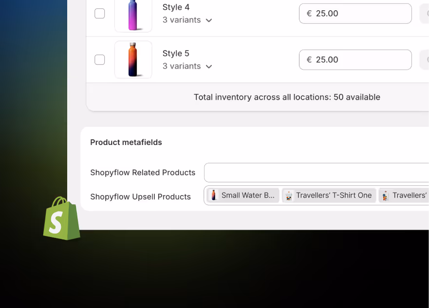 Shopify product metafields showing selected related products and upsell items.