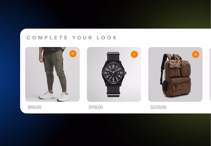 Upsell product carousel labeled ‘Complete Your Look’ with clothing and accessories.