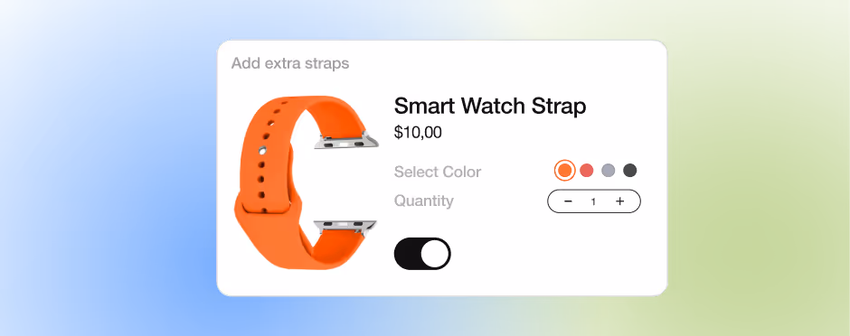 Smart watch strap upsell card with color options, quantity selector, and toggle switch.