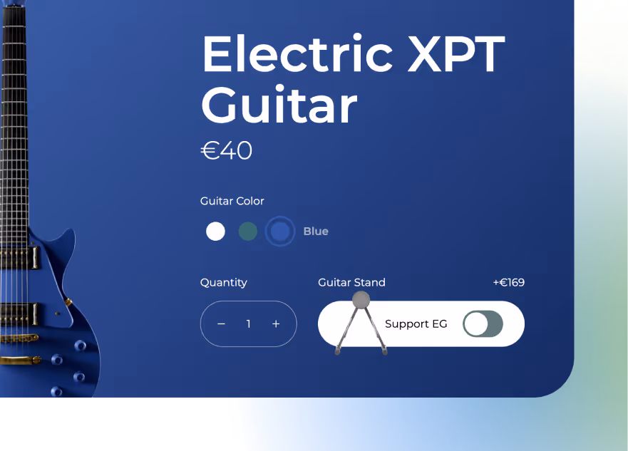 Electric XPT Guitar product page with color options, quantity selector, and add-on guitar stand toggle.