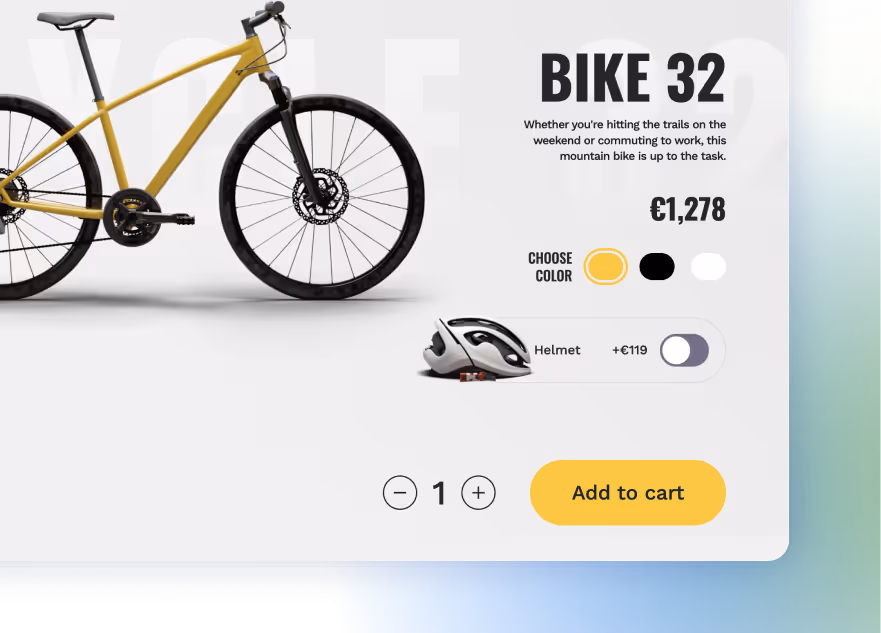 Bike 32 product page with color choices, price, quantity selector, and optional helmet add-on.