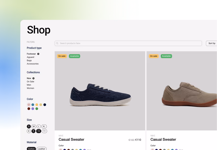 Shop page with sidebar filters for product type, collections, color, size, and material, displaying shoe products.