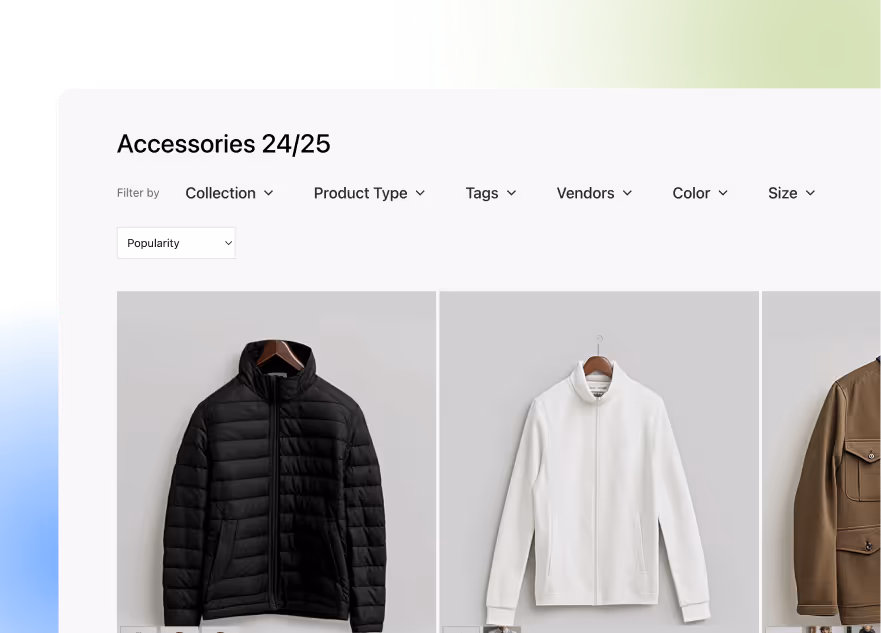 Product listing page with filter dropdowns for collection, product type, tags, vendors, color, and size.
