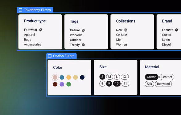 Product filter panels showing taxonomy filters like product type, tags, collections, brand, and option filters for color, size, material.